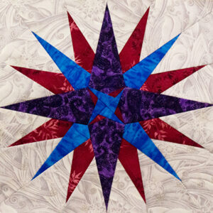 16 Point Mariner's Compass quilt block pieced with blue, purple, and red points on a background of gray fabric